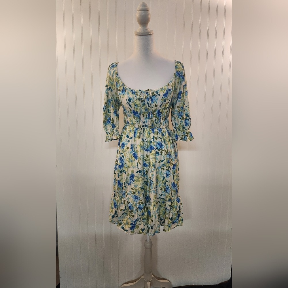 NEW Mary & Mo Blue Floral Smock Bodice Short‎ Dress Size M Cottagecore Milkmaid